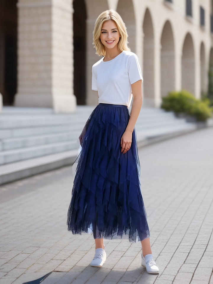 Stijlvolle heather dames maxi rok, gelaagd voor een dynamische look, ideaal als comfortabele casual rok.