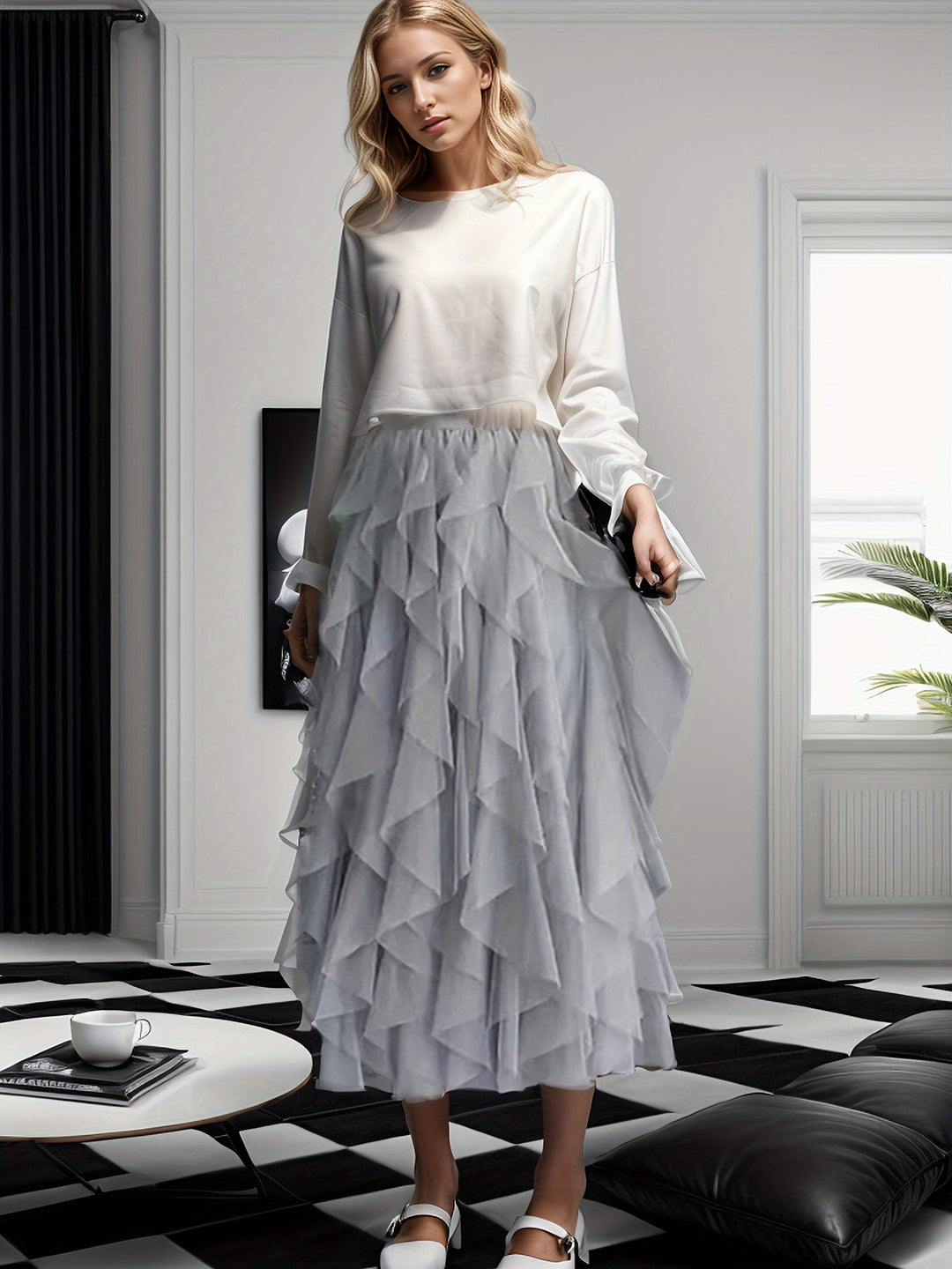 Ademende heather dames maxi rok met vloeiende gelaagde stof, ideaal voor een elegante zomerse look met comfort.