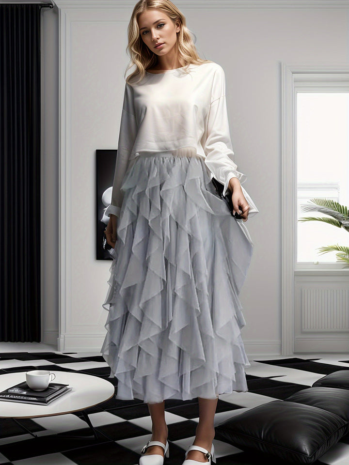 Ademende heather dames maxi rok met vloeiende gelaagde stof, ideaal voor een elegante zomerse look met comfort.