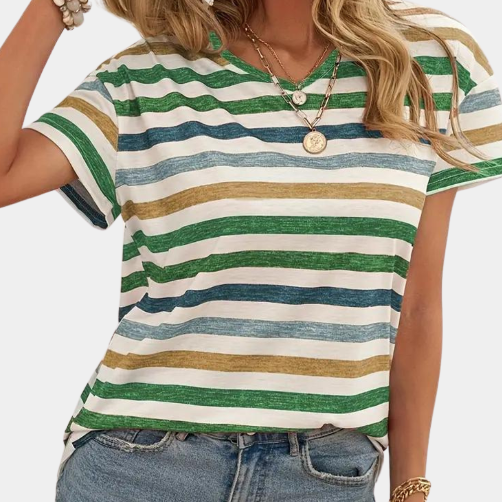 Dames gestreept T-shirt met korte mouwen in groen en oranje, ideaal voor zomerse casual looks.