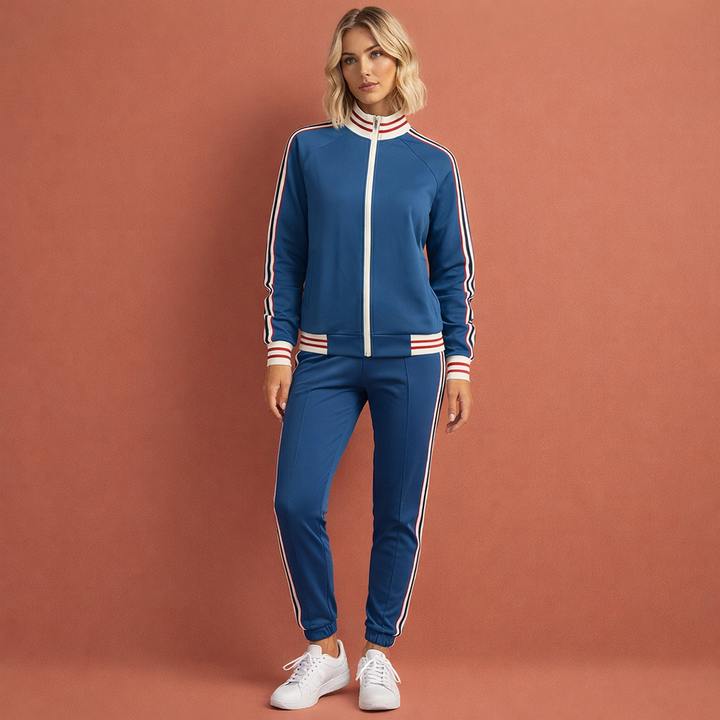 Sportief gestreept dames trainingspak, perfect voor lente en herfst outfits met een trendy look.