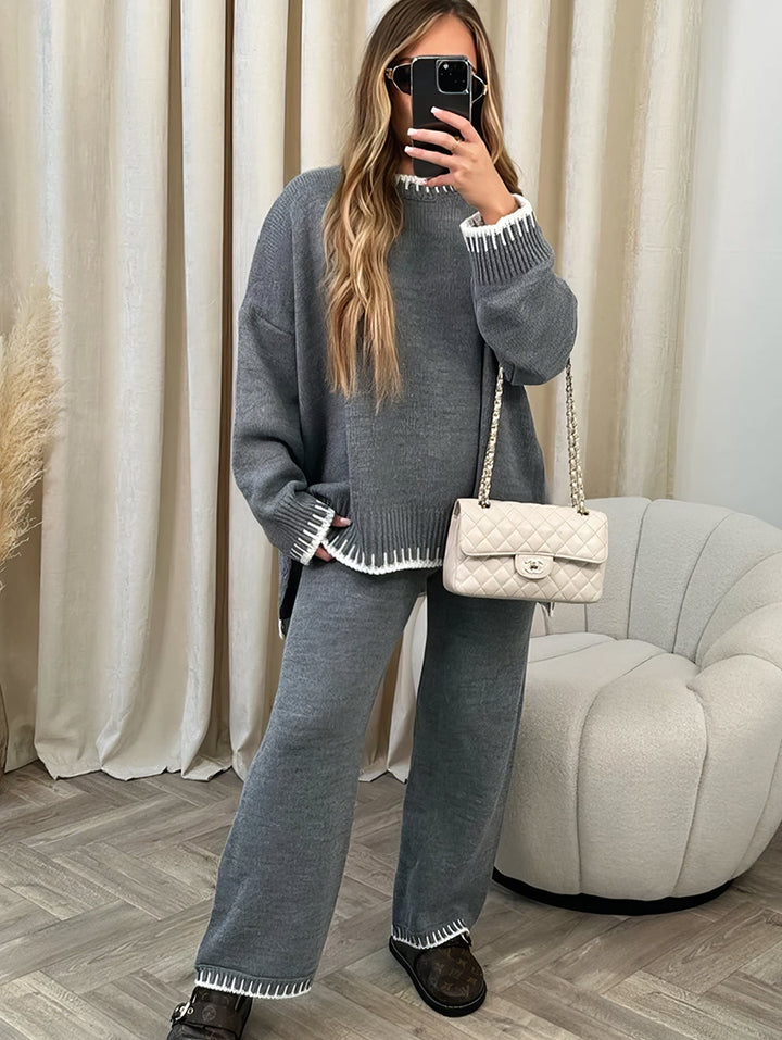 Dames gestreepte knit set met stijlvol patroon; gebreide outfit voor een trendy herfst/winter look.