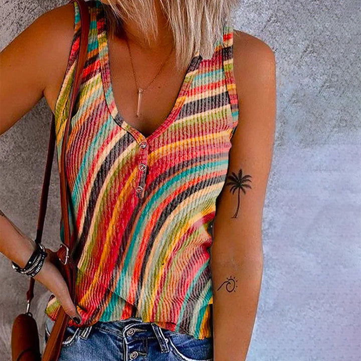 Dames gestreepte tanktop met V-hals en decoratief knoopdetail. Trendy mouwloze zomerkleding voor een casual look.