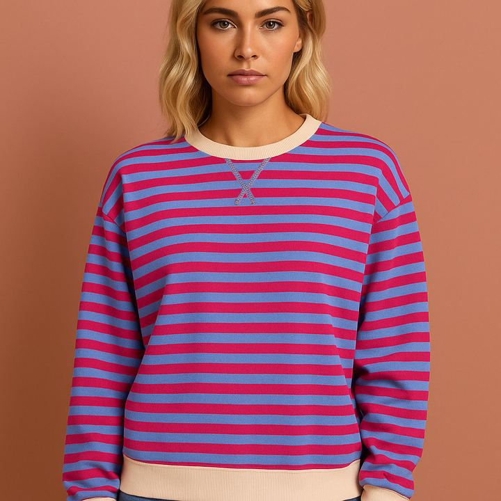 Stijlvolle gestreepte damestrui, een must-have voor herfstmode. Comfortabel, modern en veelzijdig voor casual looks.