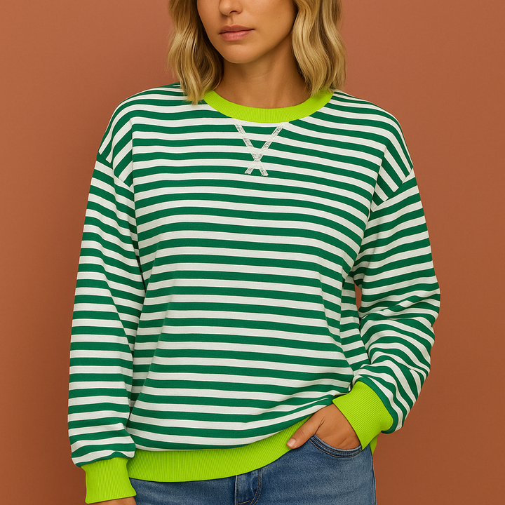 Veelzijdige gestreepte damestrui; comfortabel en modern voor herfst/winter. Zacht, stijlvol en perfect voor elke casual outfit.