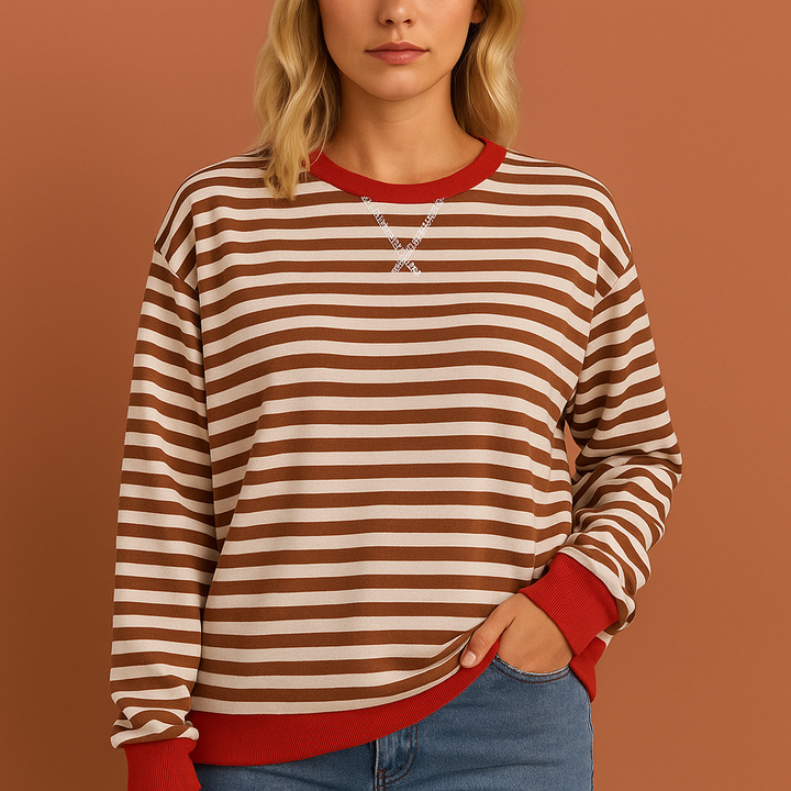 Warme gestreepte dames trui, perfect voor frisse herfstdagen. Stijlvol, comfortabel en casual chique winterkleding.