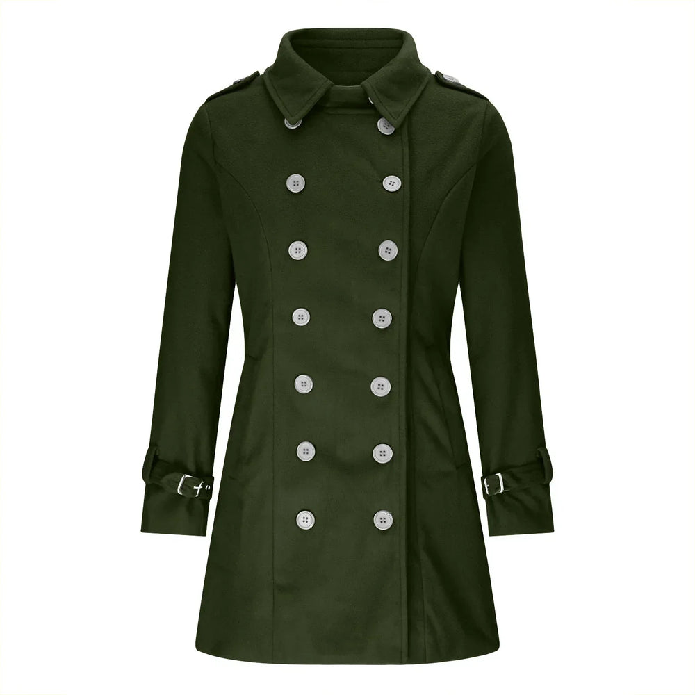 Stijlvolle dames trenchcoat met dubbele rij knopen. Perfecte getailleerde jas voor lente en herfst.