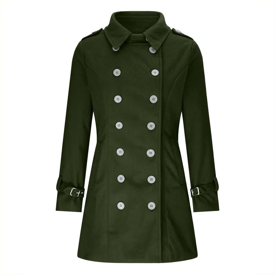 Stijlvolle dames trenchcoat met dubbele rij knopen. Perfecte getailleerde jas voor lente en herfst.