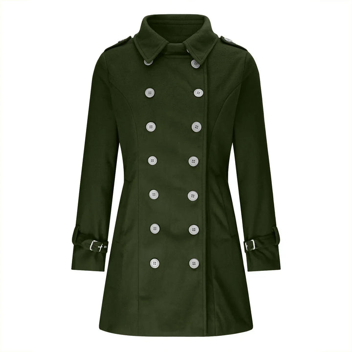Stijlvolle dames trenchcoat met dubbele rij knopen. Perfecte getailleerde jas voor lente en herfst.