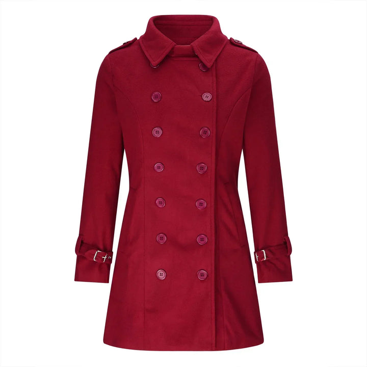 Achterkant van een getailleerde dames trenchcoat. Lange, stijlvolle jas met split voor bewegingsvrijheid.