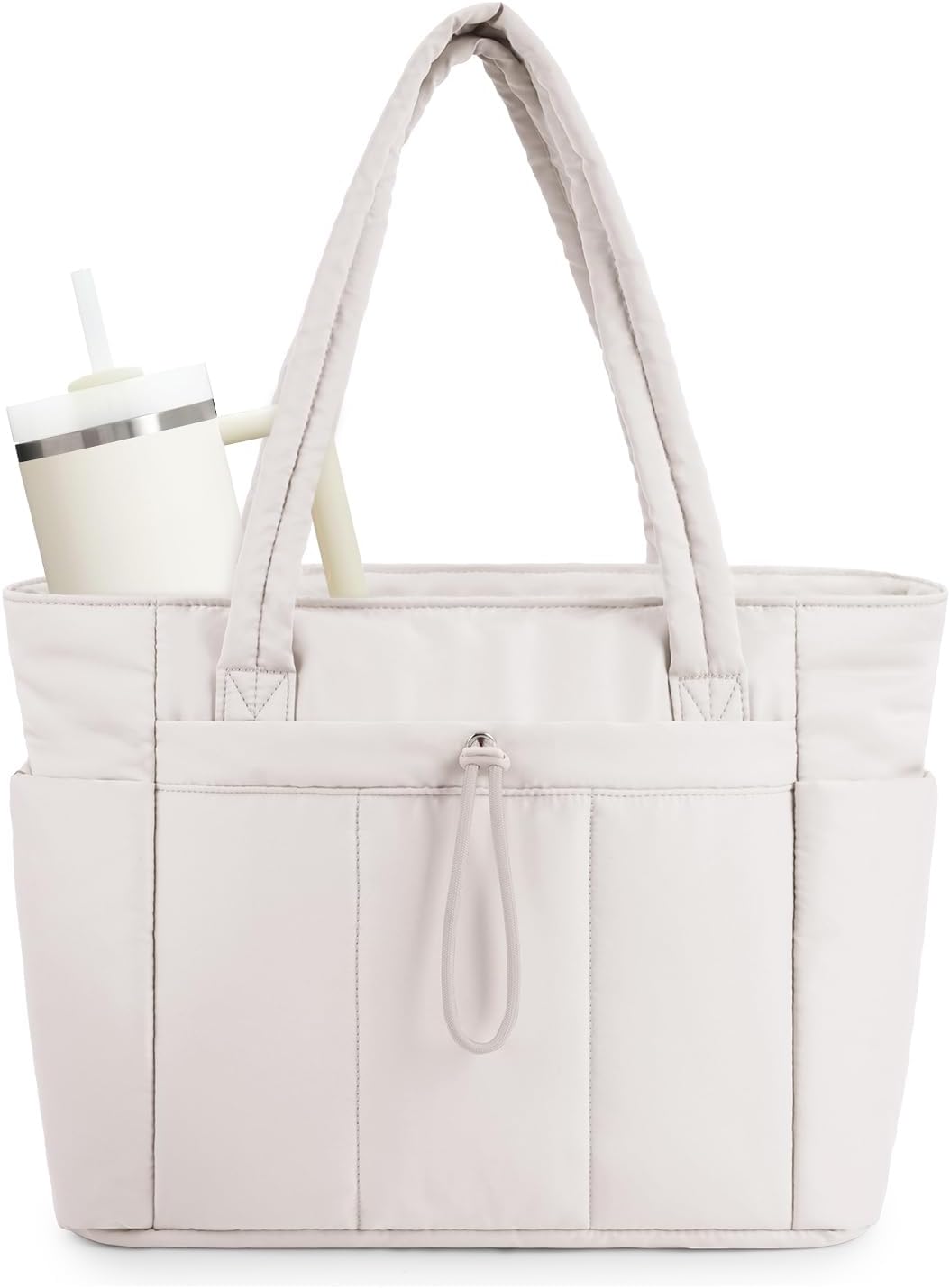 Dames gewatteerde puffer schoudertas met laptopvak en bekerhouder, ideaal voor werk & reizen.
