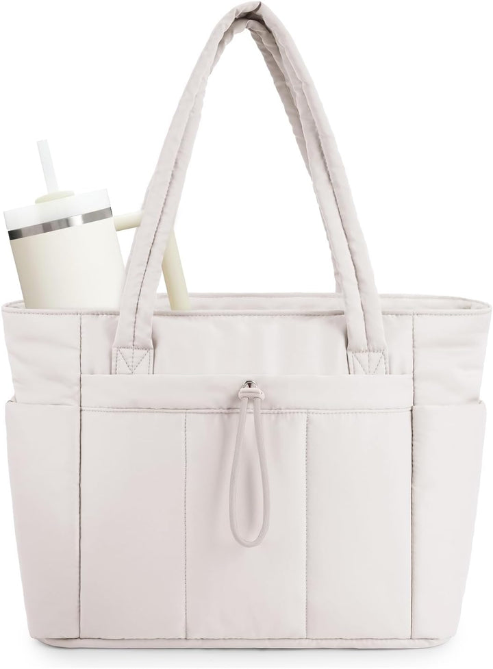 Dames gewatteerde puffer schoudertas met laptopvak en bekerhouder, ideaal voor werk & reizen.