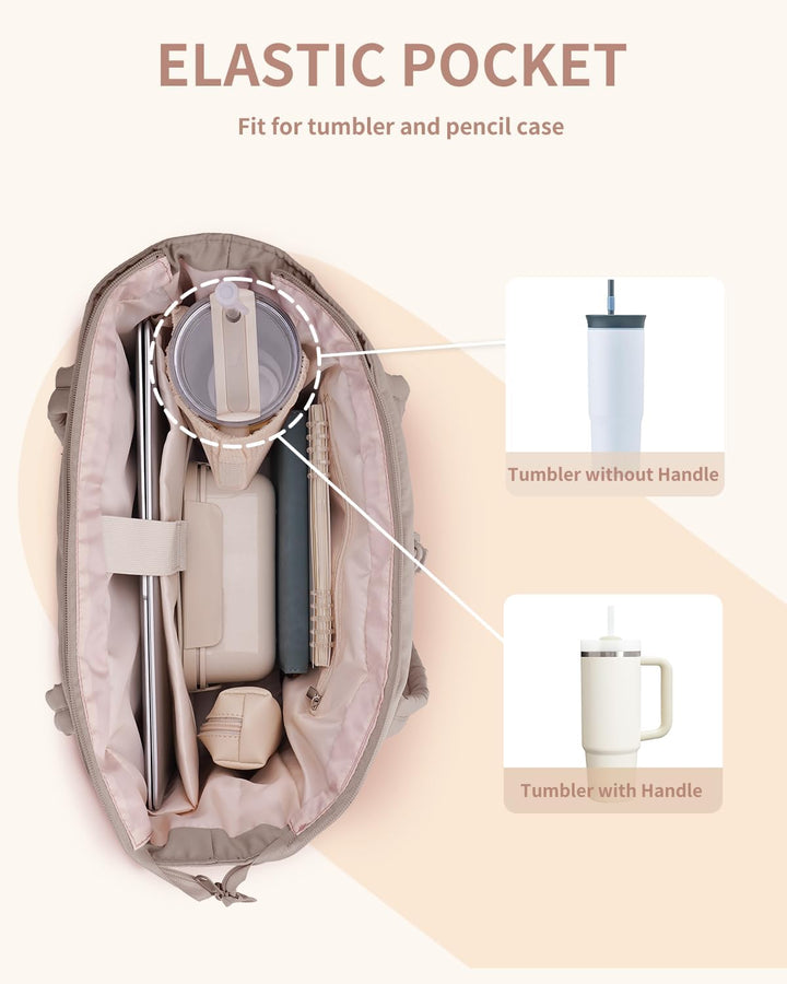 Modieuze puffer tote bag voor dames, ruim met laptopvak en handige bekerhouder.