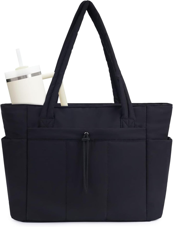 Perfecte reistas voor dames: gewatteerde puffer schoudertas met laptopvak & bekerhouder.