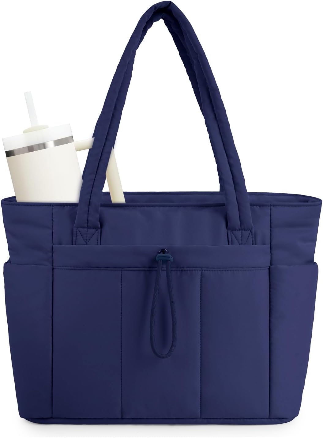 Modieuze reistas voor dames: gewatteerde puffer tote met ingenieus laptopvak.