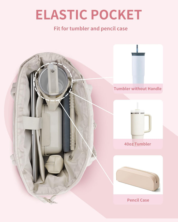 Praktische reistas voor dames: puffer design, inclusief laptopvak en bekerhouder.