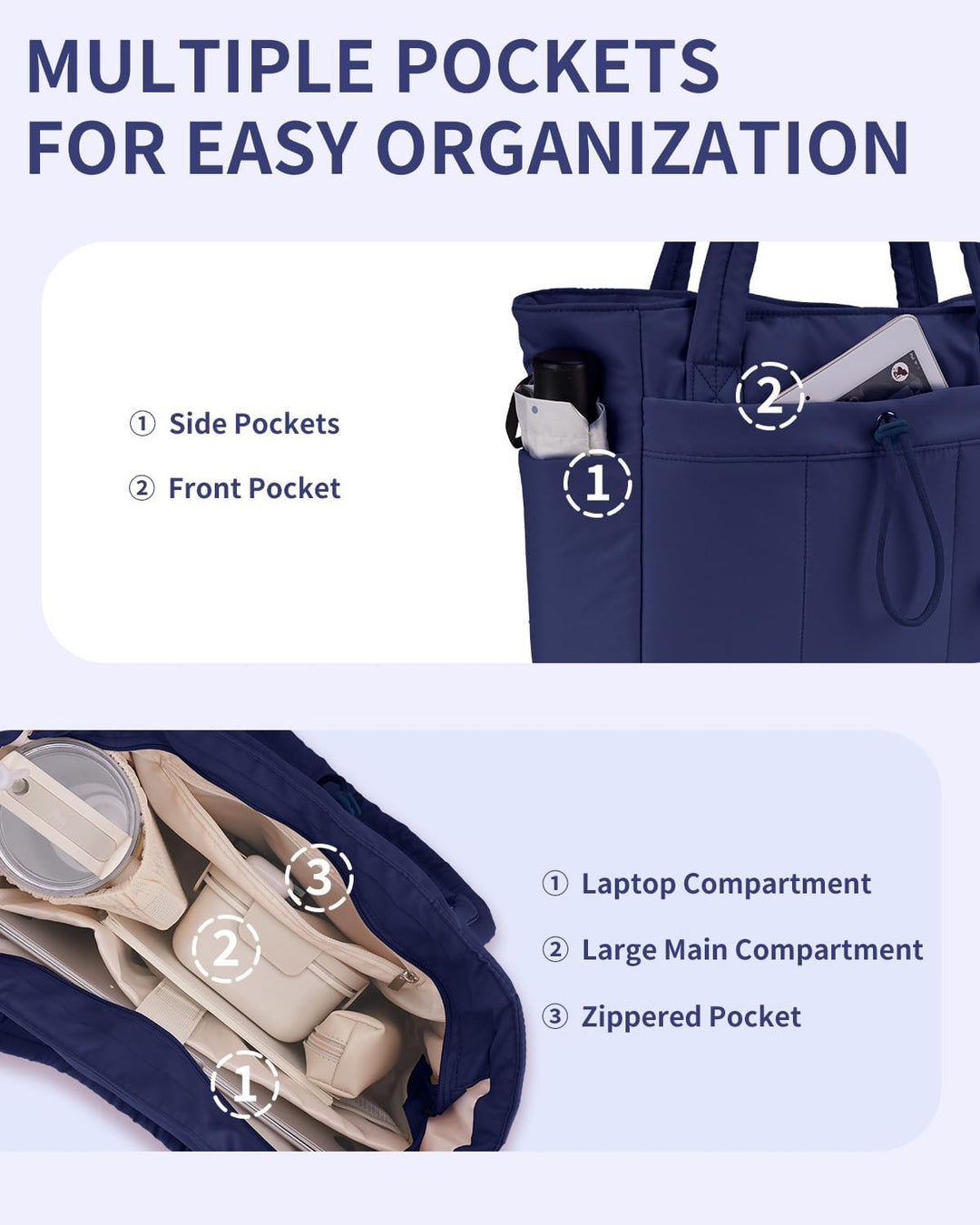 Trendy puffer design gecombineerd met functionaliteit: dames tote bag voor werk & vrije tijd.