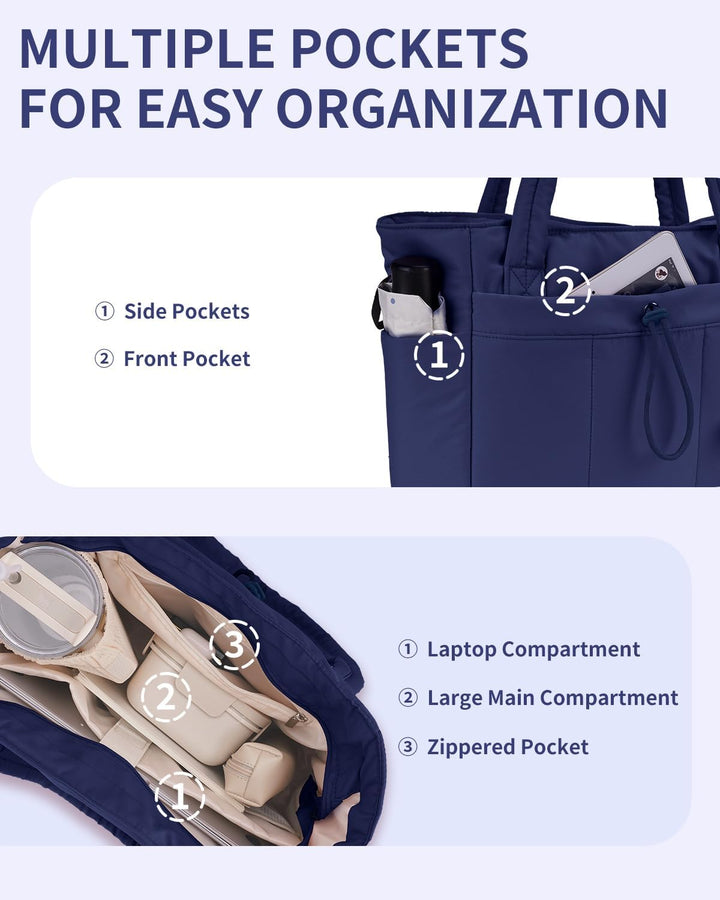 Trendy puffer design gecombineerd met functionaliteit: dames tote bag voor werk & vrije tijd.