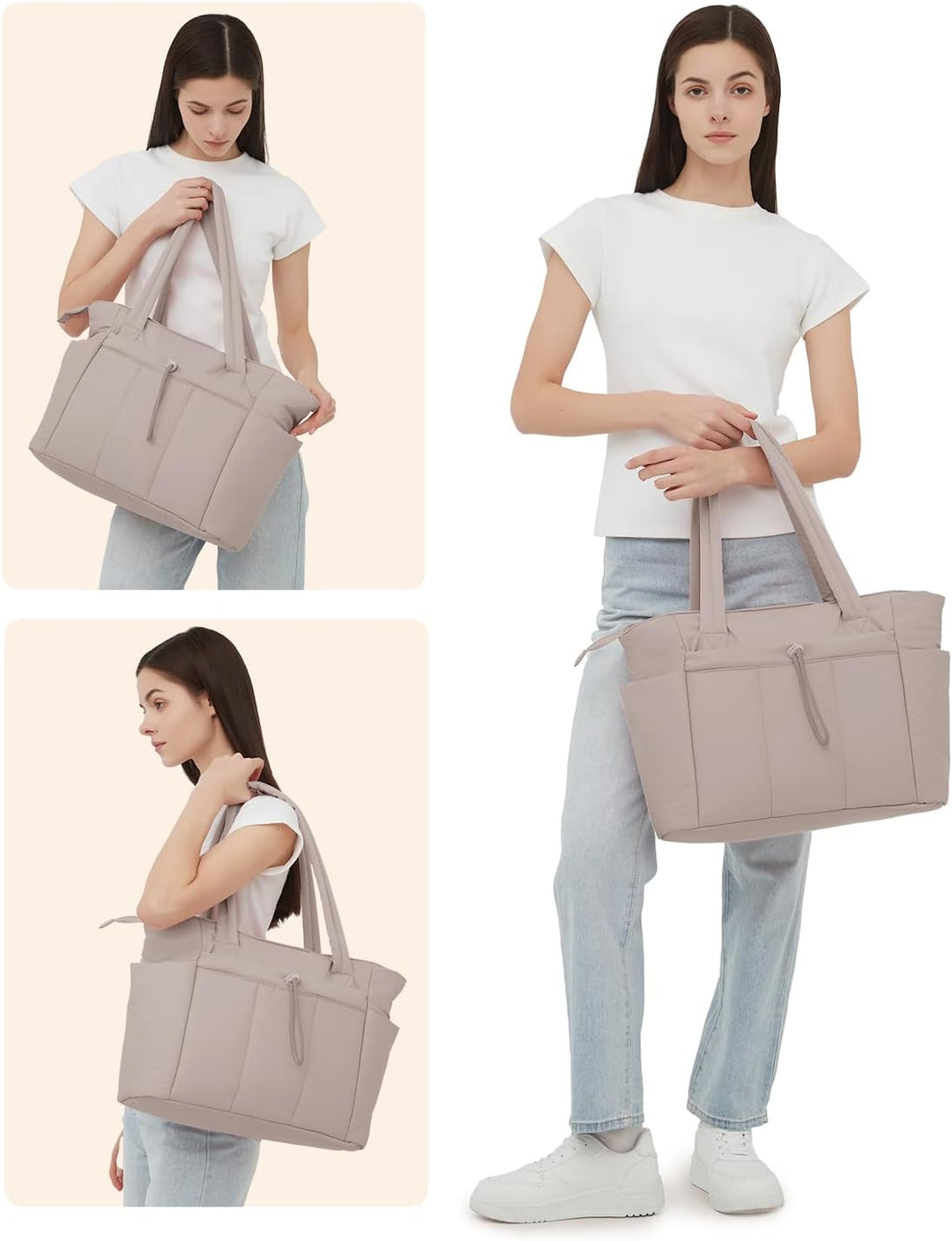 Comfortabele dames schoudertas, gewatteerd, met speciaal laptopvak en bekerhouder.