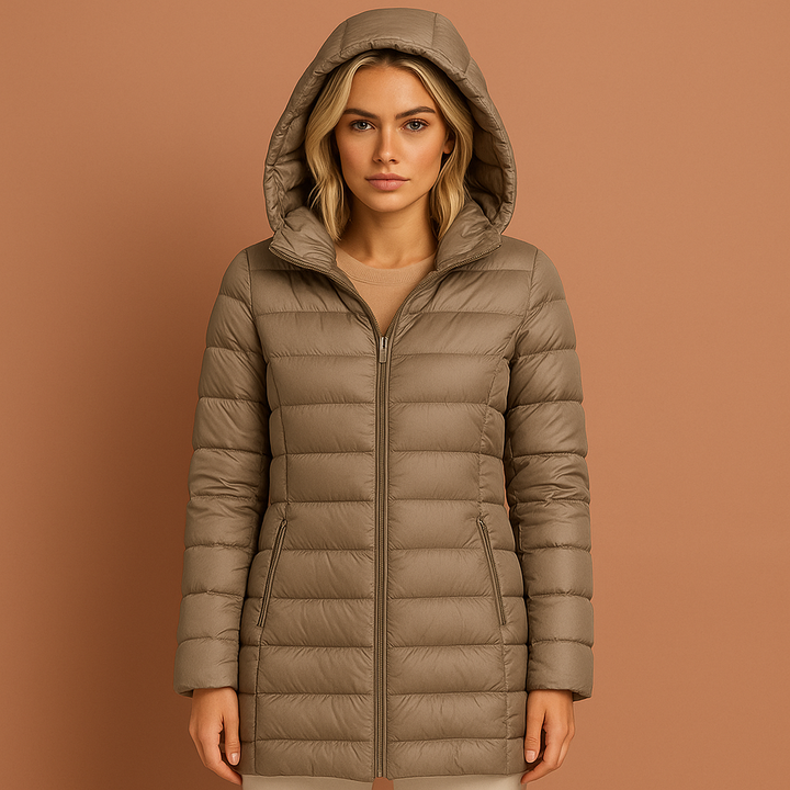 Dames gewatteerde winterjas met afneembare capuchon, comfortabel en warm voor de wintermode.