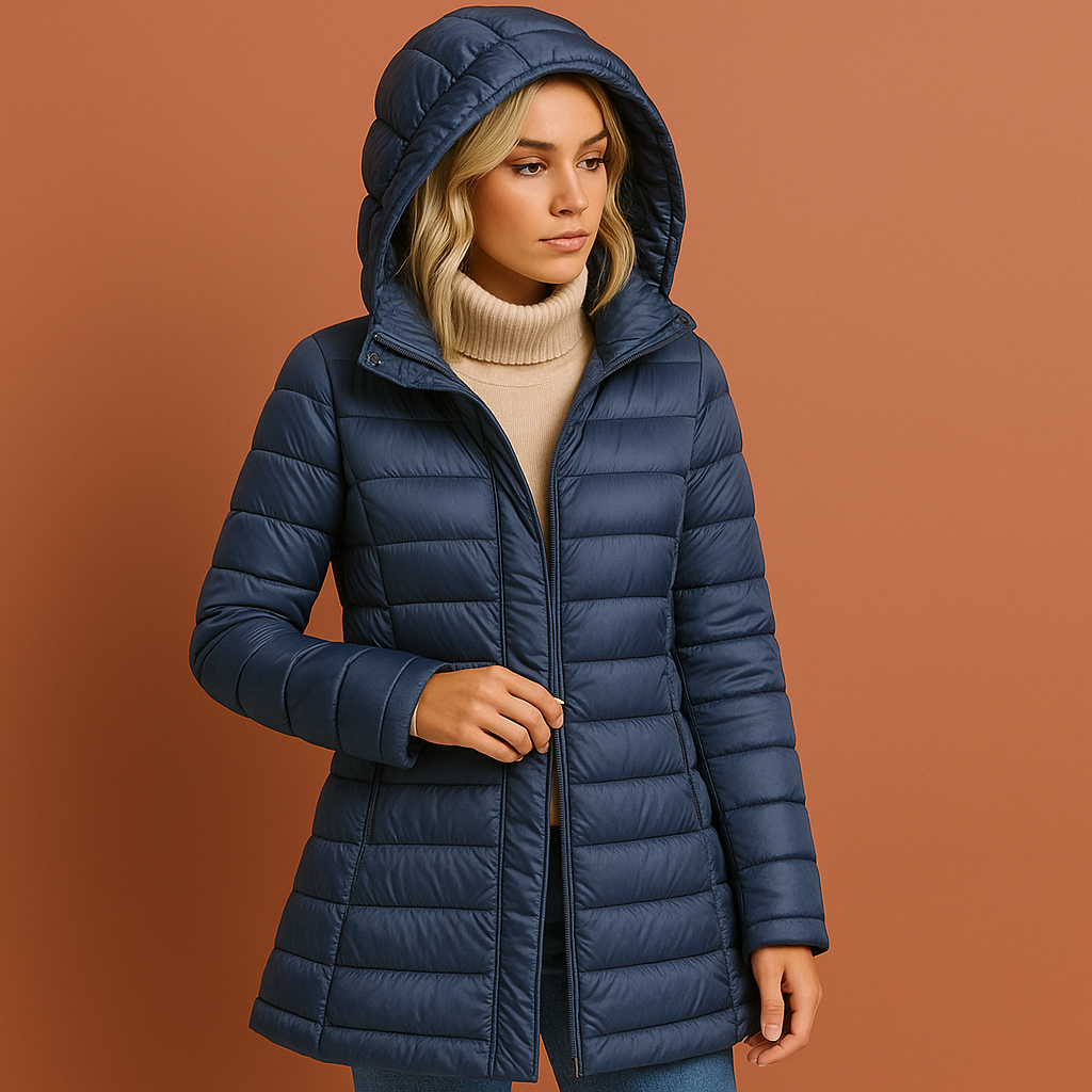 Vrouw draagt een elegante gewatteerde dames winterjas met afneembare capuchon, perfect voor koude dagen.