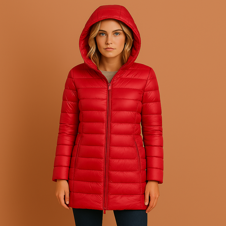 Warme dames winterjas, gewatteerd en lichtgewicht, met afneembare capuchon. Modieuze bovenkleding.