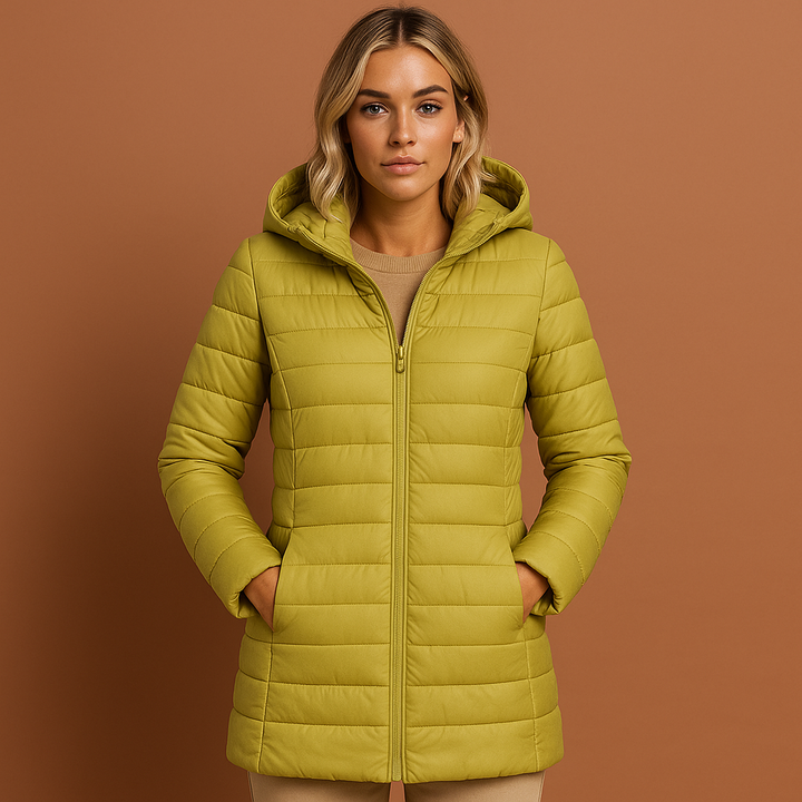 Gedetailleerde weergave van een gewatteerde dames winterjas met capuchon, een essentieel kledingstuk.