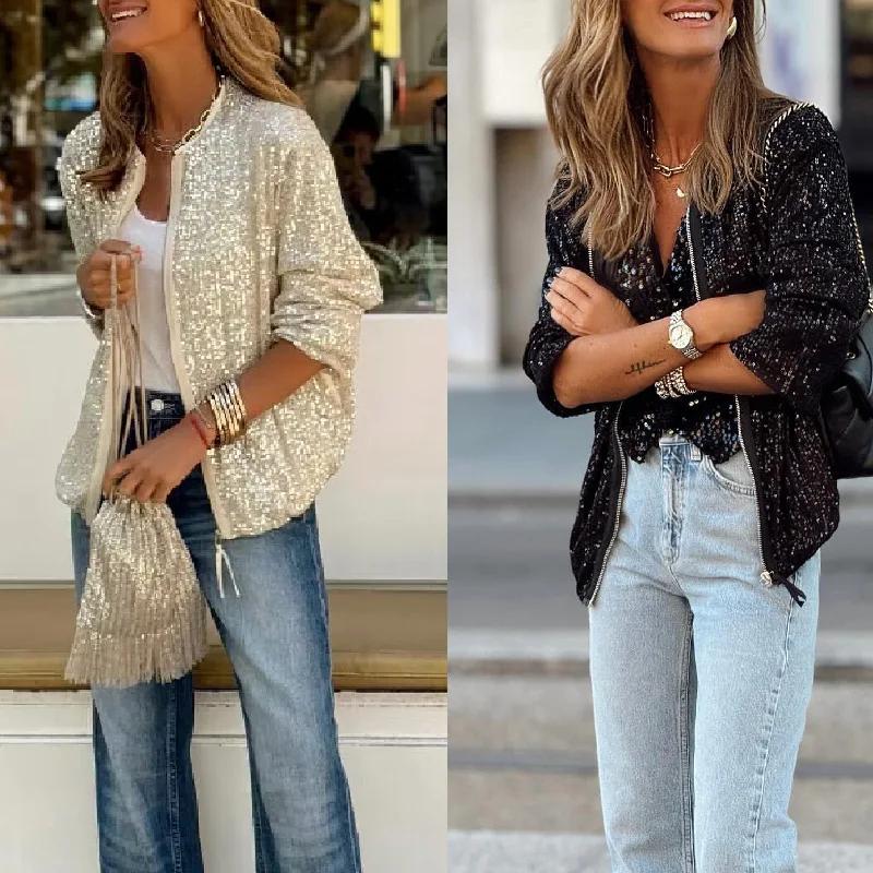 Stijlvol glitter bomberjack voor dames, met elegante pailletten en ritssluiting. Ideaal voor lente en herfst mode.