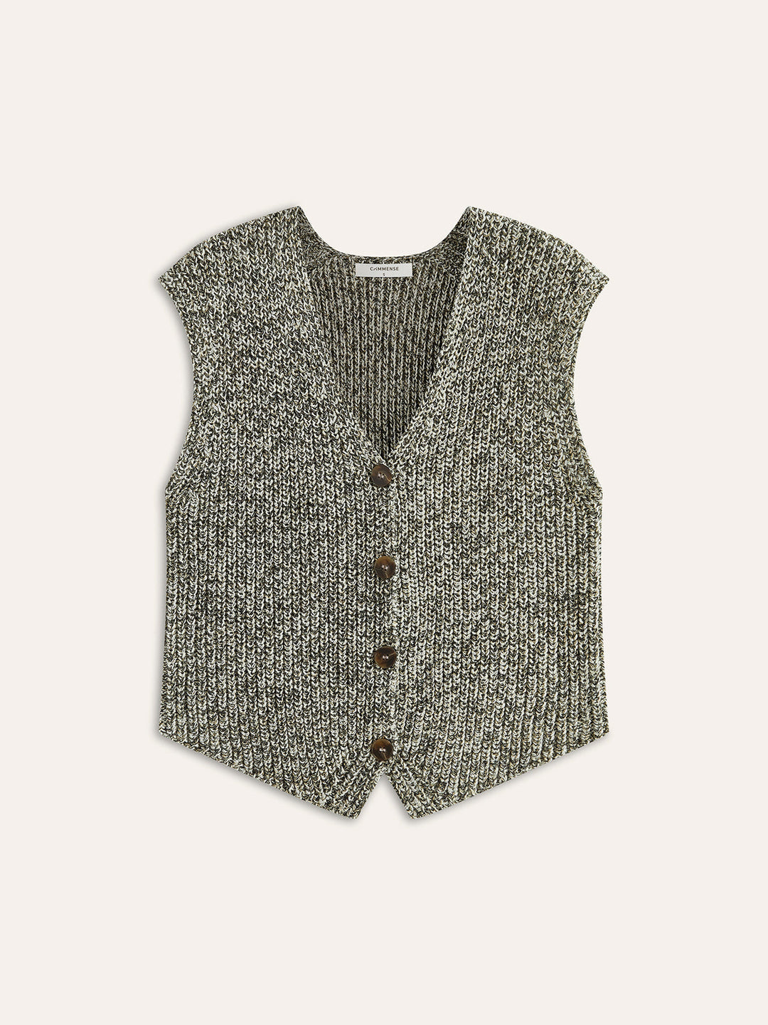 Comfortabel grijs gebreid damesvest, mouwloos met knoopsluiting, ideaal voor lente. Regular fit model.