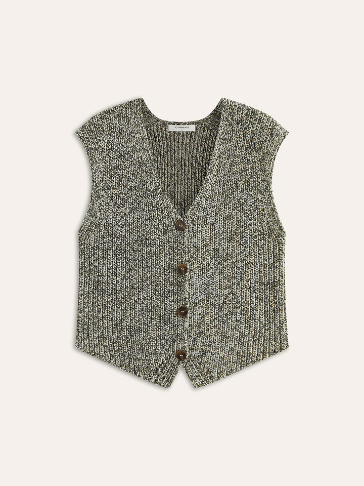 Comfortabel grijs gebreid damesvest, mouwloos met knoopsluiting, ideaal voor lente. Regular fit model.