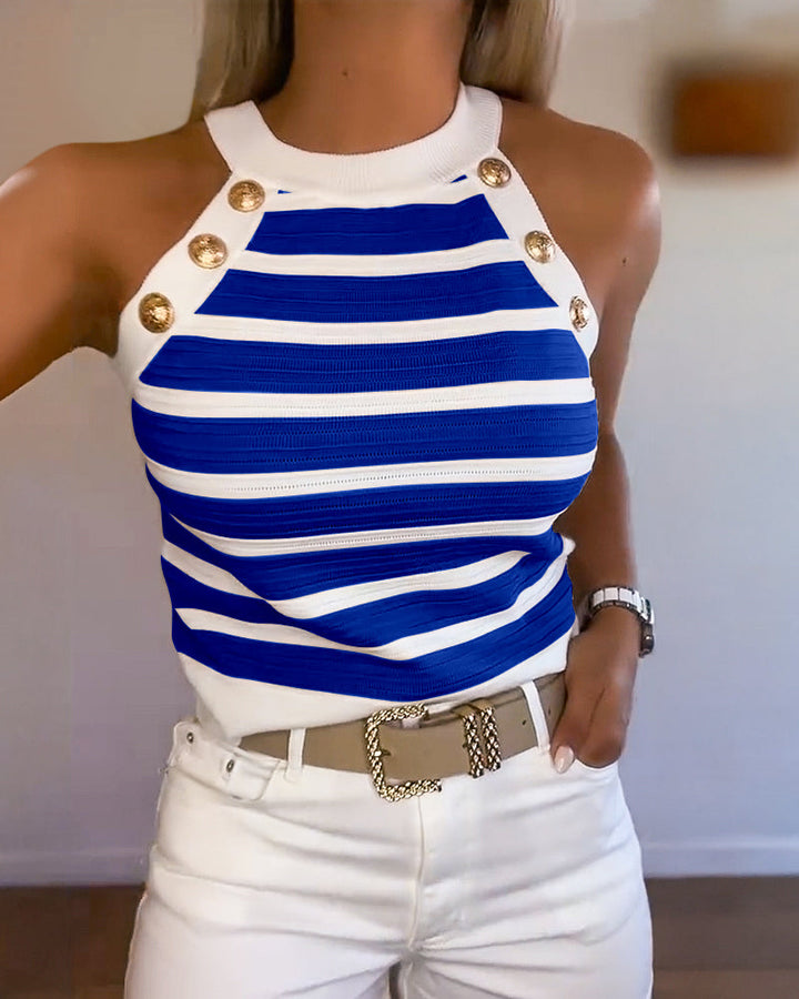 Casual chique dames halter tanktop met gestreept design en gouden knopen, ideaal voor warme dagen.