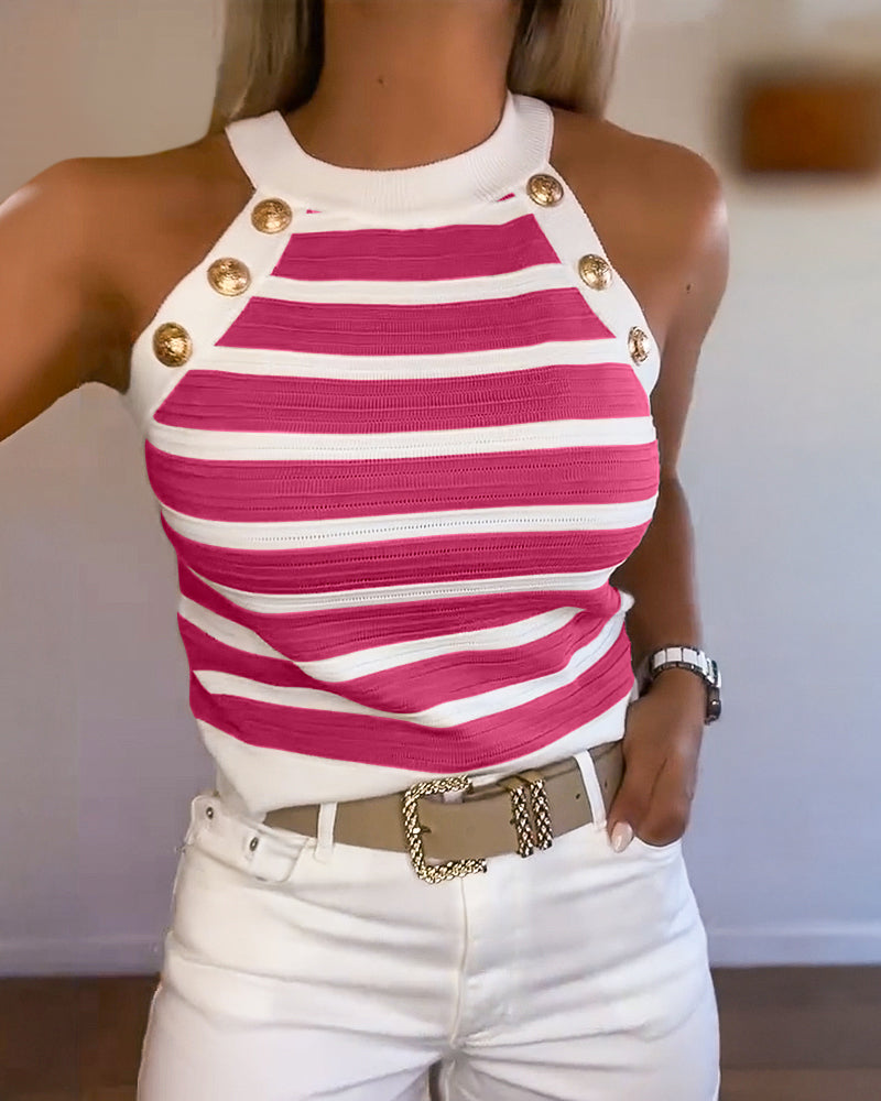 Dames tanktop met halternek, streepjes en chique gouden knopen, ideaal voor een casual of geklede look.