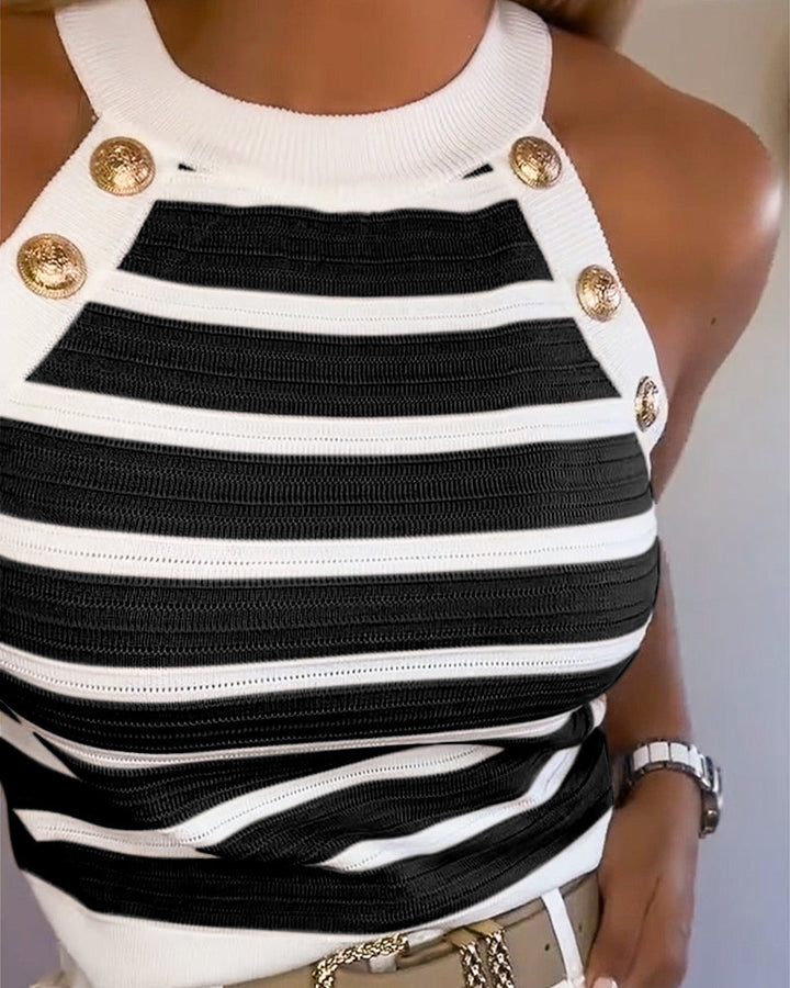 Zomerse dames haltertop met trendy strepen en gouden knopen, casual chic voor elke gelegenheid.