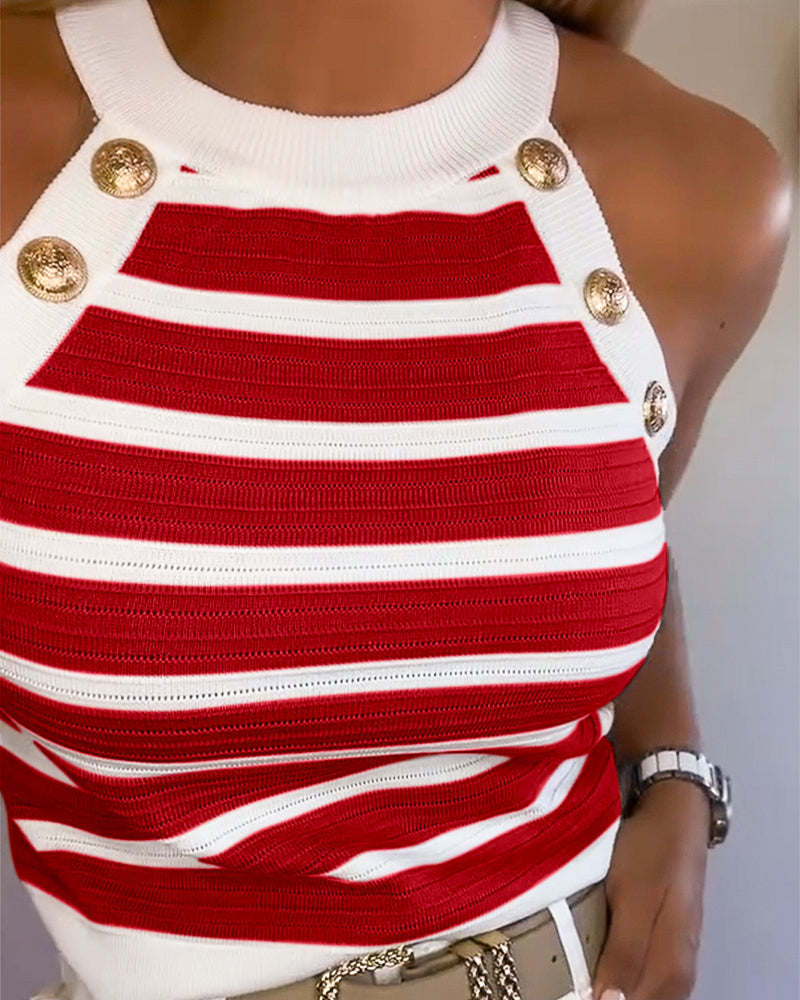 Dames halter tanktop met frisse strepen en gouden knopen, een must-have voor de zomer garderobe.