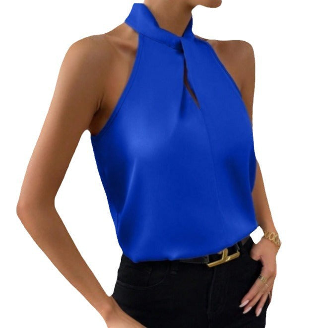 Dames haltertop mouwloos met gedraaide hals. Ideaal voor zomerse casual of chique gelegenheden.
