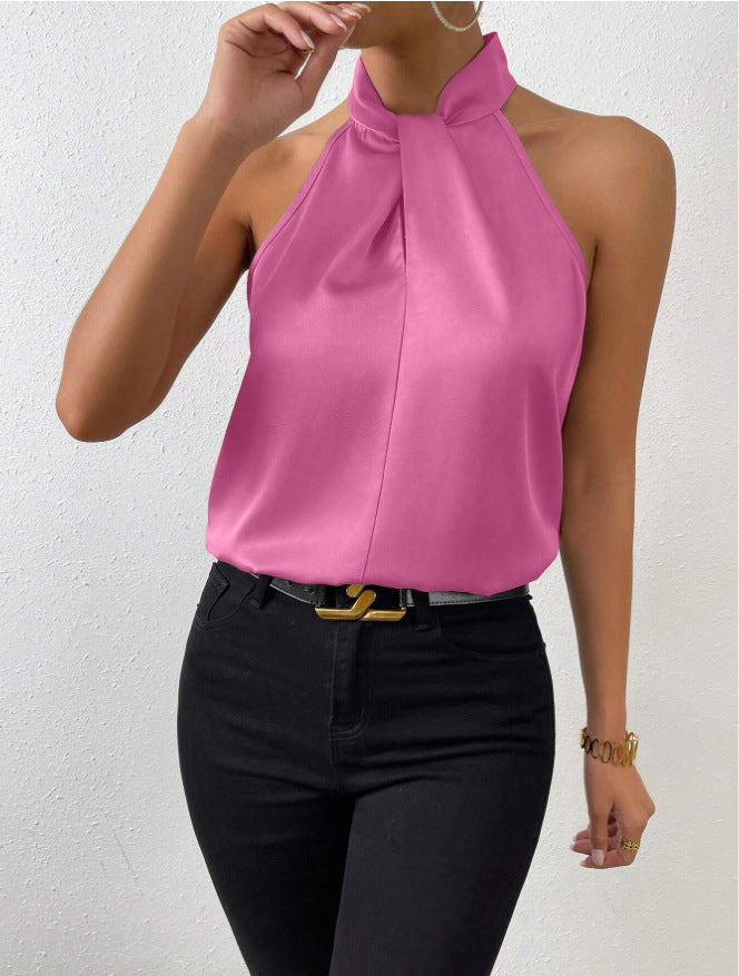Unieke gedraaide hals maakt deze mouwloze dames haltertop een elegante zomer top. Vrouwenkleding.
