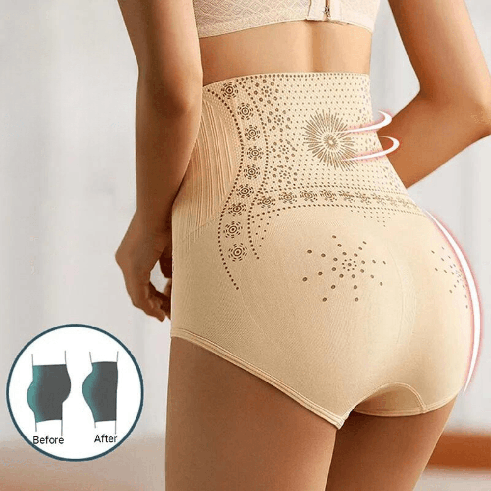 Zwarte high-waist shapewear slip voor dames, biedt buikondersteuning en een slank figuur onder kleding.