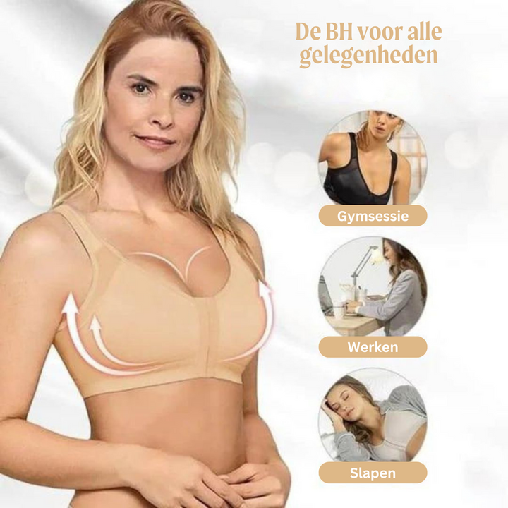 Ergonomische damesbeha tegen rugpijn, met effectieve rugsteun en nekkorrectie voor betere houding.