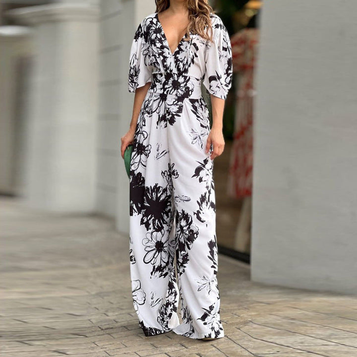 Casual chic dames jumpsuit met bloemenprint, comfortabele hoge taille en wijde pijpen, perfect voor elke gelegenheid.