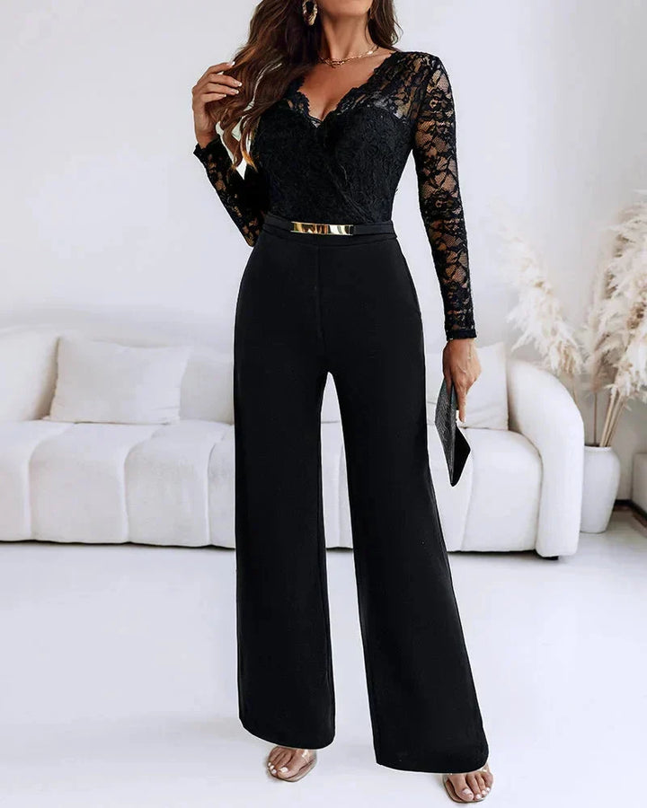 Elegante dames jumpsuit met V-hals en lange mouwen, ideaal als avondkleding of feestkleding.