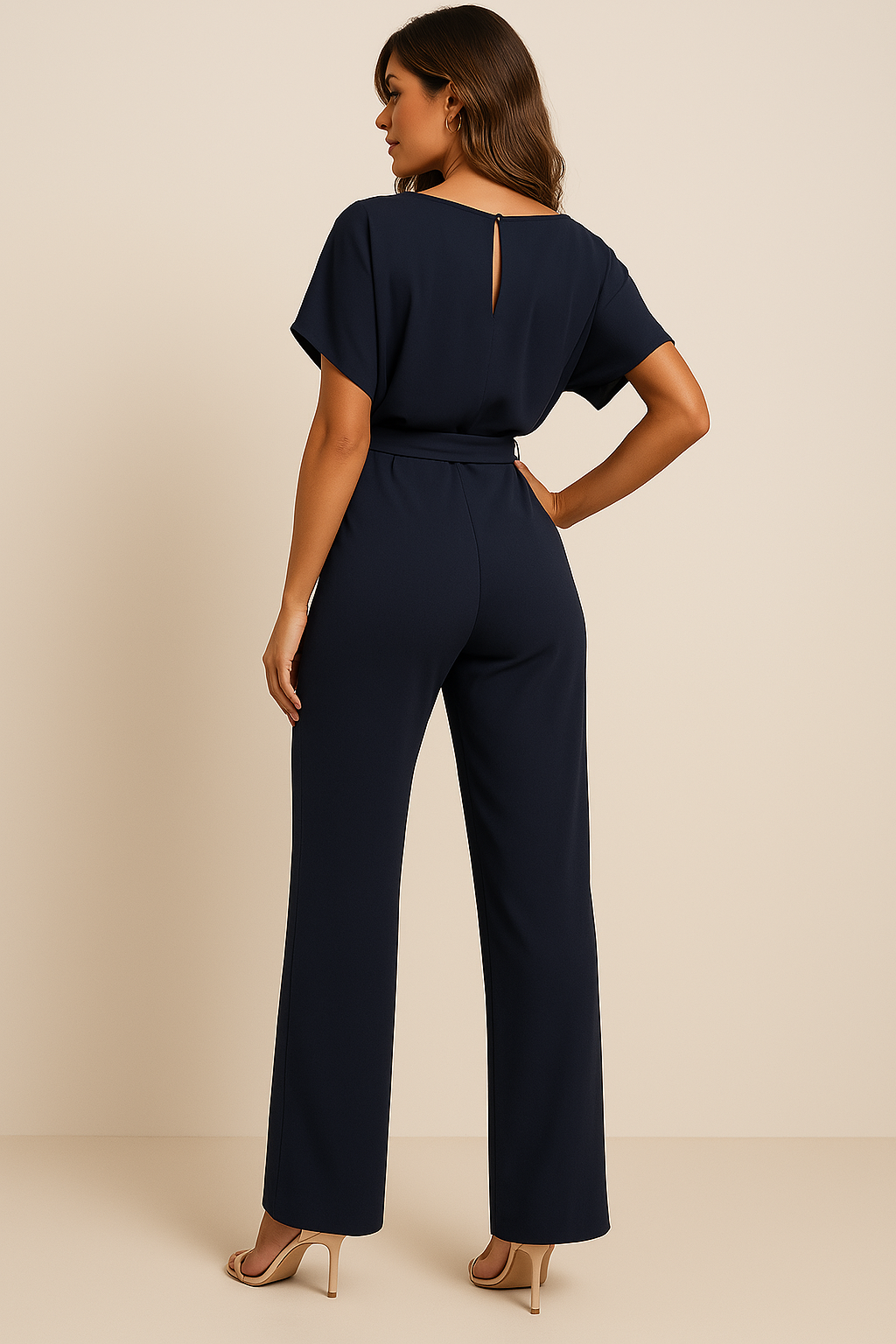 Zomerse dames jumpsuit met luchtige korte mouwen en vrouwelijke strikceintuur. Comfortabel en trendy.