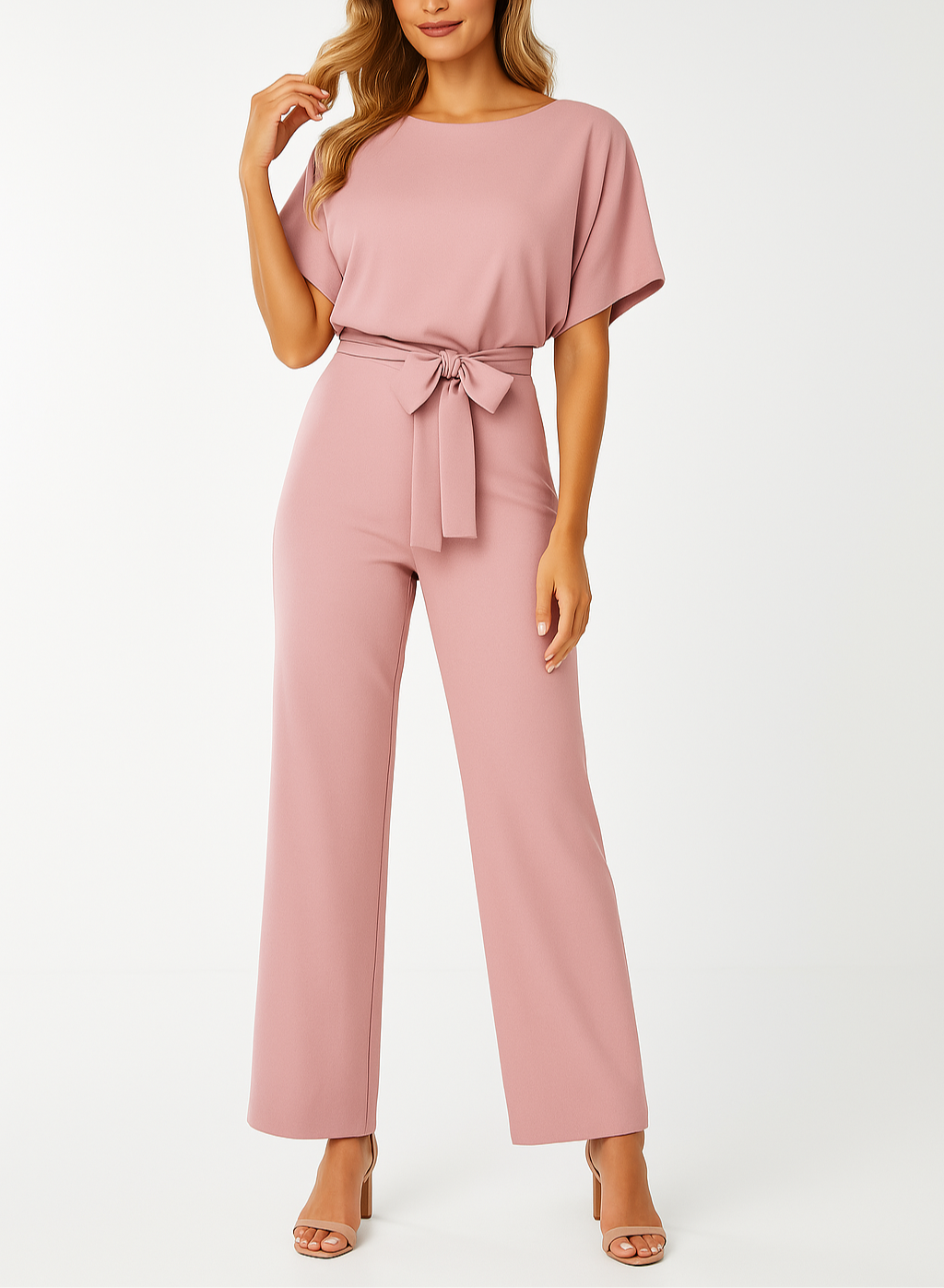 Trendy dames jumpsuit met comfortabele korte mouwen en flatterende ronde hals. Perfect voor de zomer.