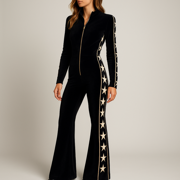 Dames jumpsuit met wijde pijpen en elegante sterrenprint, perfect voor een avondlook of feestkleding.