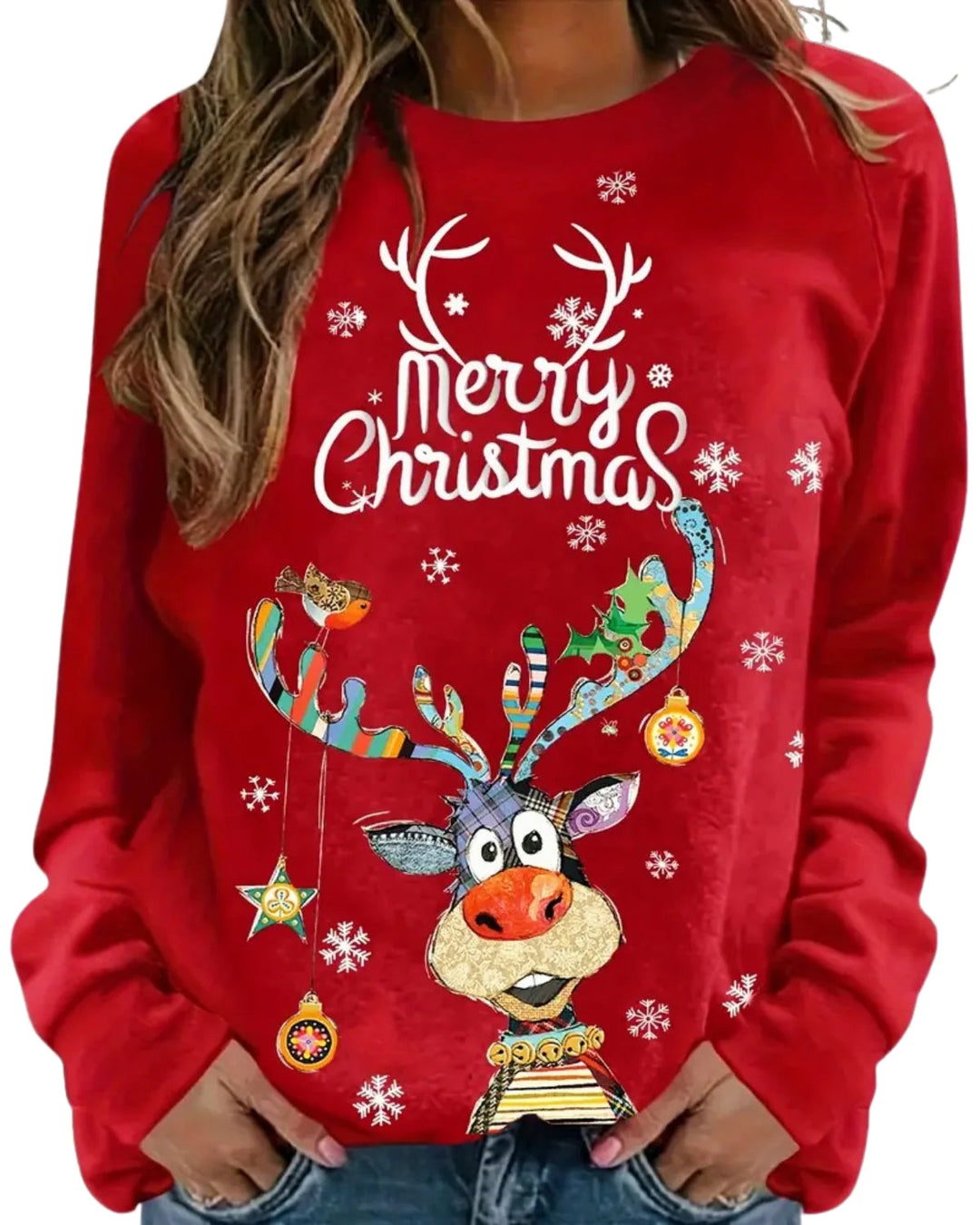 Comfortabele dames kersttrui met vrolijke rendierprint. Perfecte kerstkleding voor de feestdagen.