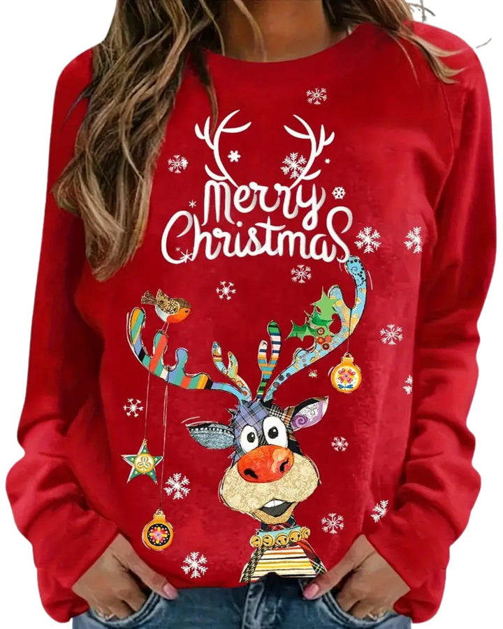 Comfortabele dames kersttrui met vrolijke rendierprint. Perfecte kerstkleding voor de feestdagen.