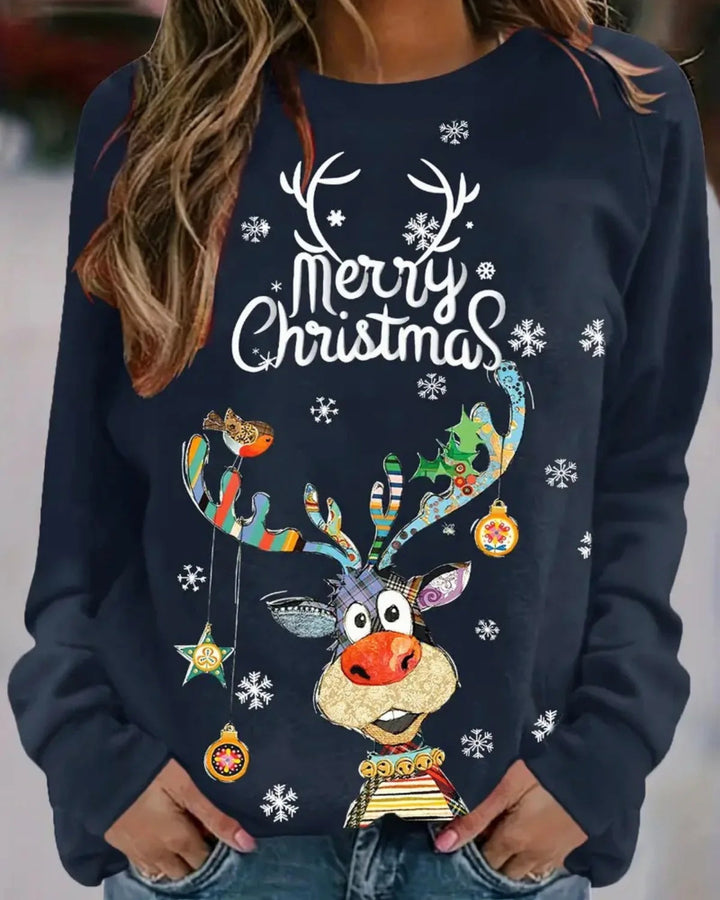 Feestelijke dames kersttrui, perfect voor de feestdagen. Stijlvolle rendierprint en ronde hals.