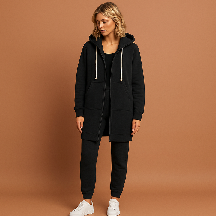 Dames knielange hoodie met ritssluiting, comfortabel sweatvest voor herfst & winter. Stijlvol en warm.