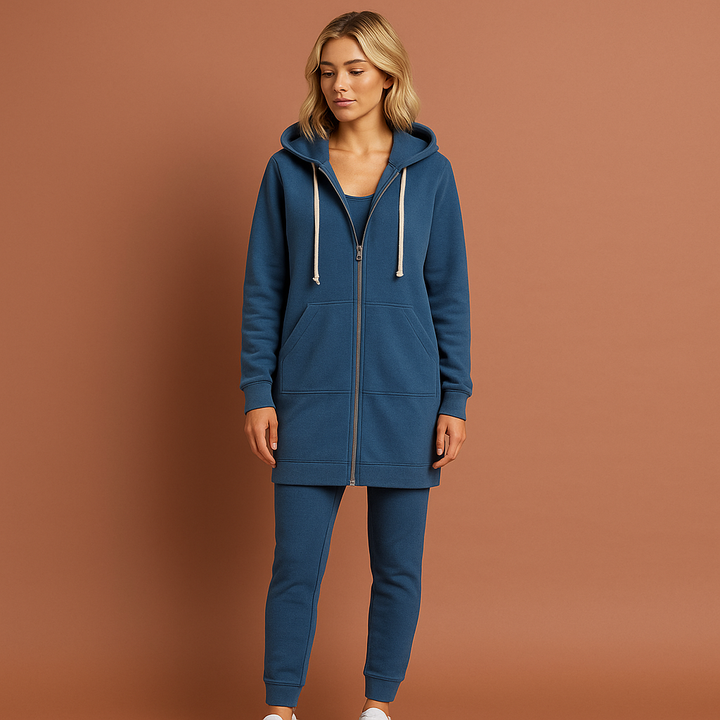 Modieuze knielange dames hoodie met rits; perfecte casual stijl voor koudere dagen.