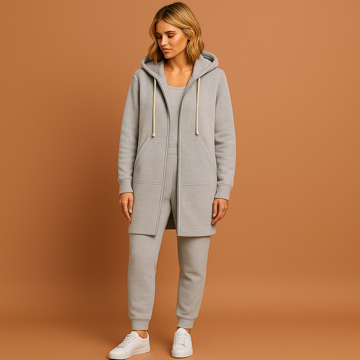 Comfortabele knielange hoodie met rits voor dames, ideaal als warm sweatvest in de winter.