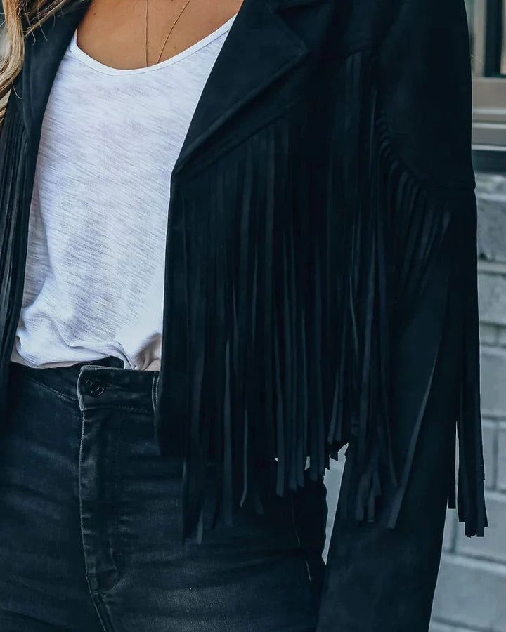 Kort jasje met franjes, lange mouwen, O-hals; een trendy mode item voor elke vrouw.